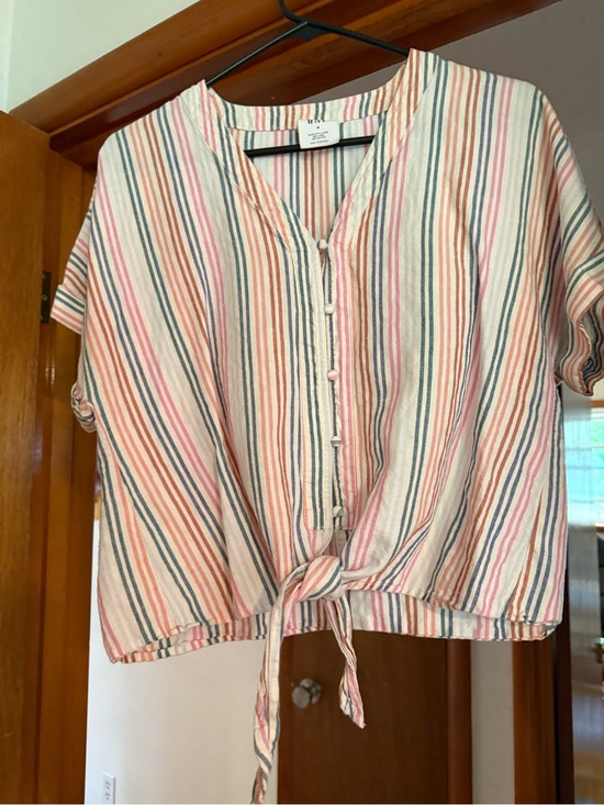 GAP Tops - GAP Pink, Coral & Blue Striped Tie-Front Blouse